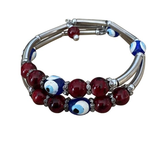 Murano Glass Evil Eye Beaded Wrap Bracelet Red & Blue Silver Tone Adjustable Han - Picture 7 of 7